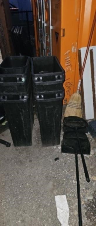 Garbage cans broom and dust pans