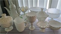 MILK GLASS GROUP, RUFFLED FENTON STYLE COMPOTE
