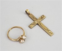 10K Gold & Pearl Ring, 12K Gold Filled Cross.