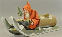 SANTA ON SLIEGH WITH GIANT LOG CANDY CONTAINER