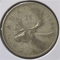 Silver 1949 Canadian quarter