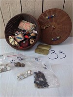 VTG. WICKER SEWING BASKET / OLD BUTTONS , ETC,