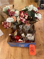 Box lot silk flowers, vases, candlesticks