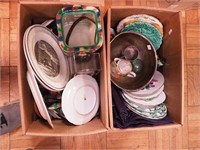 Two boxes vintage china, fabric and more