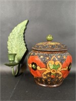 Wood Carved Lacquered Jar, Cast Metal Leaf Candle