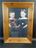 American Primitive Art of Two Girls Wooden Frame