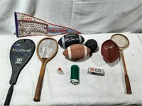 Old sports balls, racquets, pin ball,
