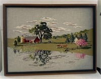 Vintage Needlework Art Framed Farm Scene 25” x