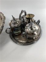 Silver-plated lazy Susan platter with creamer and