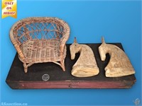Child's Toolbox + Mini Wicker + 2 Carved Horse Hea