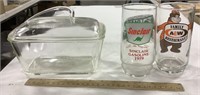 2 glasses- Sinclair & A&W w/ glasbake glass dish