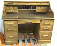 Large Oak Rolltop Desk W/ Hand Carved Details