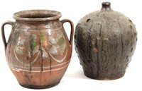 Primitive Pocked Drip Glaze & Redware Pottery Jugs