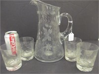 B47 Etched pitcher & 4 glasses, floral, nics on 1