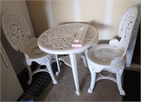 WHITE PLASTIC PATIO TABLE AND 2 CHAIRS