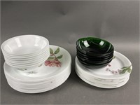 Corelle China  and Green Glass Bowls and Plates