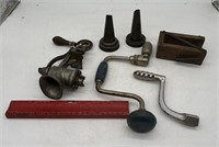 Vintage Hand Drill, Meat Grinder, Pipe Ruler, Oil