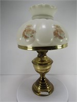 18" BRASS BASE OIL LAMP W/GLASS SHADE & CONTENTS