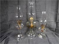 3 CLEAR GLASS PEDESTAL OIL LAMPS