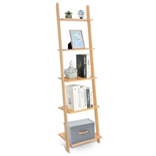 HYNAWIN Ladder Shelf Bookcase,5-Tier Bamboo Storag