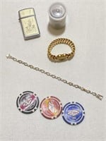 Silver Bracelet, Buttons, Zippo Lighter, Chips