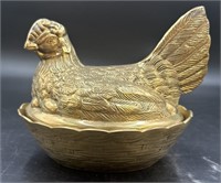 Vintage Large Brass Chicken On The Nest