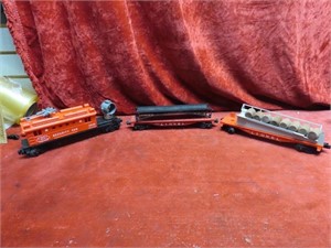 (3)Lionel cars. Search light, flat, Barrel