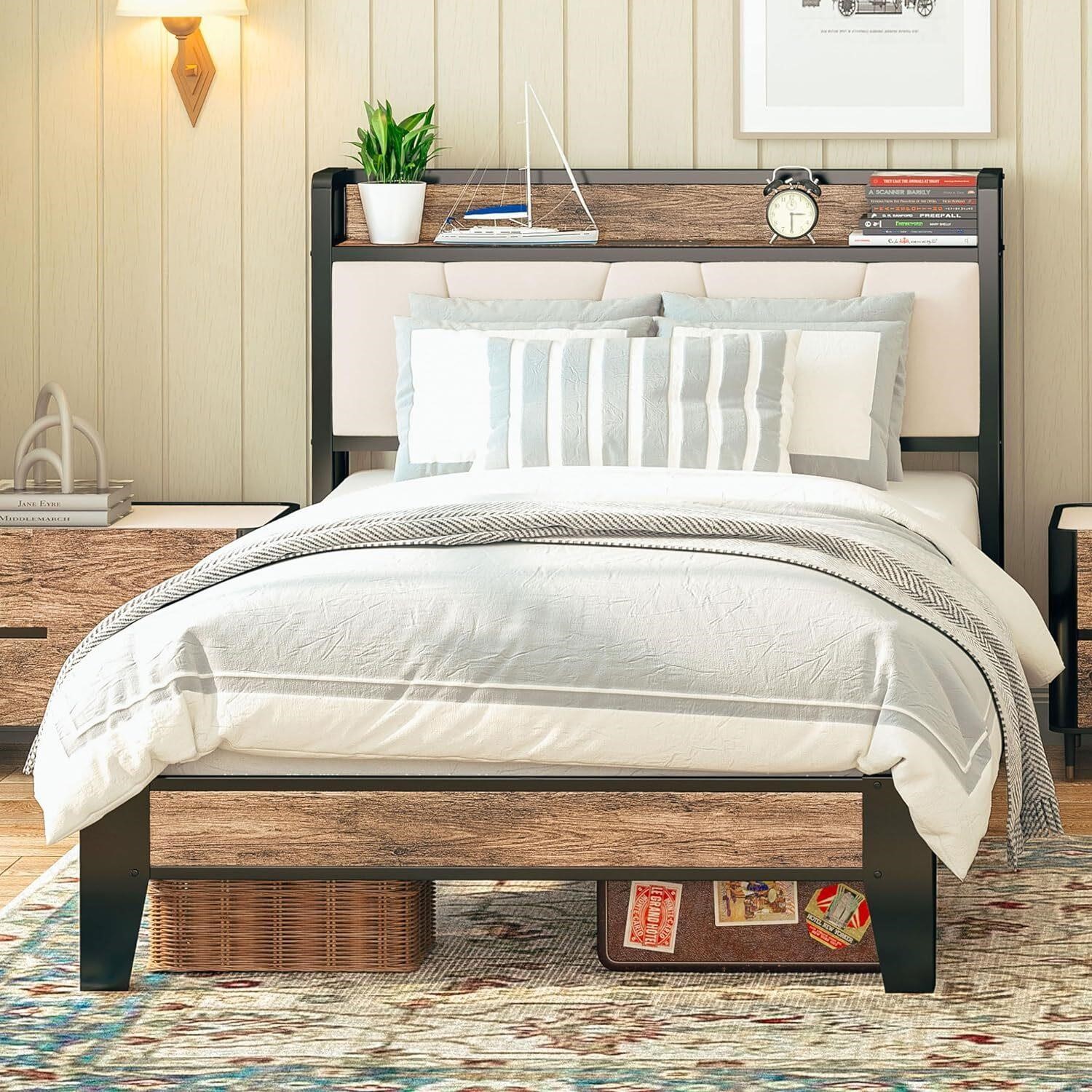 LIKIMIO Twin Bed Frame  Storage Headboard