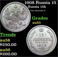 1908 Russia 15 Kopeks Silver Y# 21a.2 Grades Choic