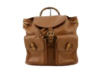 GUCCI Brown Leather Bamboo Handle Backpack