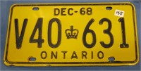 Single 1968 Ontario Licence Plate (V40 631)
