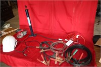 Box of Misc Tools, Jumper Cables, Pump, Hard Hat