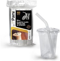 100 PK 16oz Large Plastic Cups With Lids & Straws