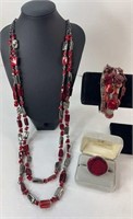 RED BEADED NECKLACE, BRACELET, AND RING