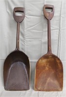 2 all wood shovels, 36" long, 1 has 1 side chipped