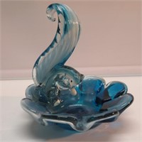 MCM BLUE GLASS SQUIRREL NUT BOWL. 8-1/2"H. NICE.