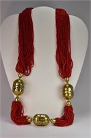Asian Influenced Brass and Red Bead Necklace