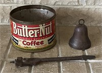 Vintage coffee can, drill bit, bell