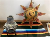 Mexican tin sun wall hanging and candle holder