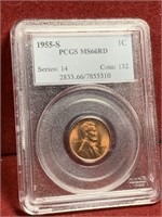 1955-S US LINCOLN CENT WHEAT PCGS MS66 RD