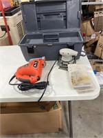 Black and decker jigsaw, 4 inch sander, toolbox,