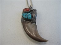 Navajo SS Turquoise & Coral Claw Necklace