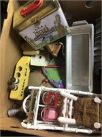 Box of Misc. Toys, toy chair, great Bible