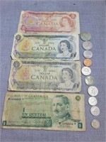 Canadian and Guatemalan currency and coins