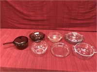 7 unmatched pyrex and Anchor Hocking glassware