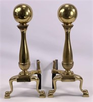 Cast brass andirons, cannon ball tops, stamped -