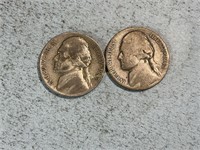 Two 1942P wartime silver nickels