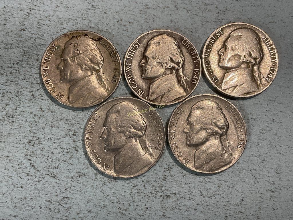 Five Jefferson nickels
