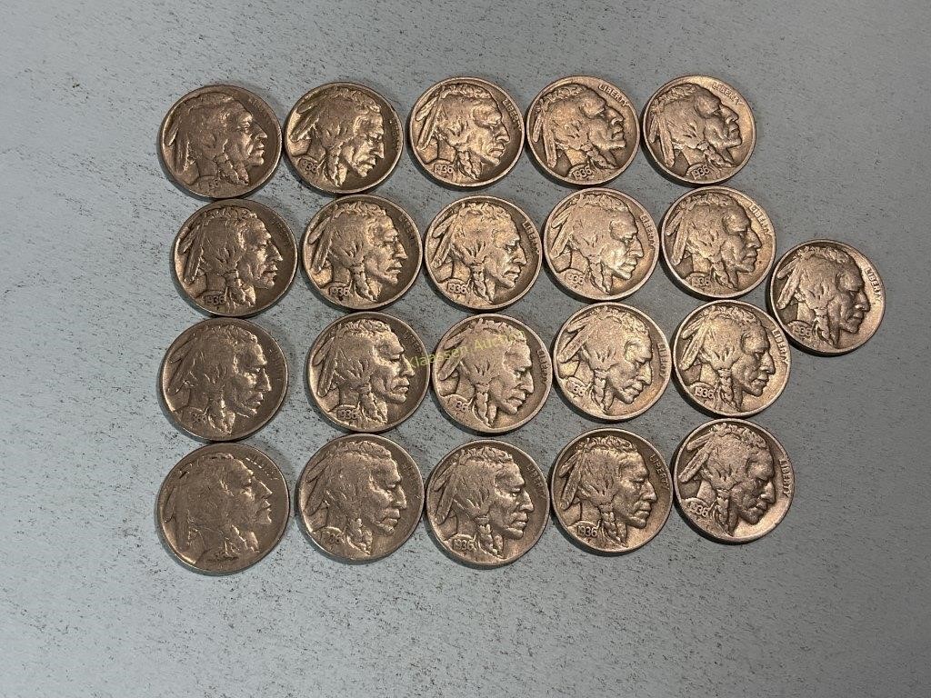 Twenty-one 1936P Buffalo nickels