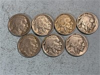 Seven 1937D Buffalo nickels